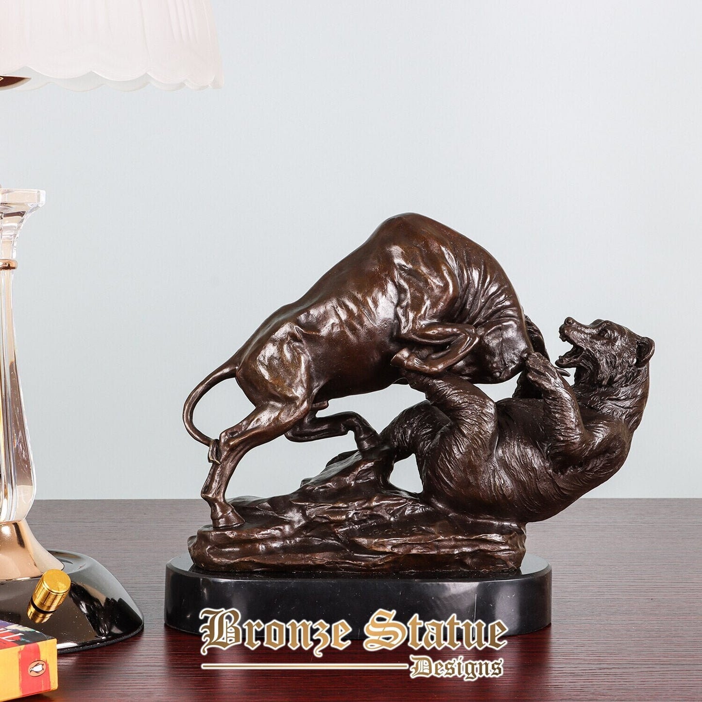 Wall street charging bull and bear vs fighting statue sculpture bronze stock market animal antique figurine art office decor