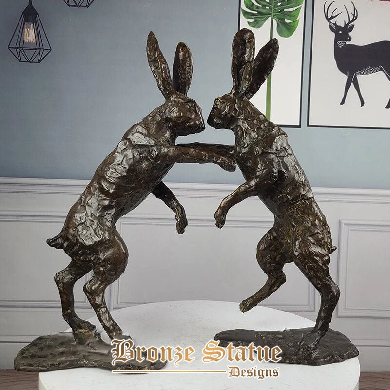 Bronze hare sculpture couple rabbits statue love animal figurine art crafts gift bronze fighting rabbit statues for home decor