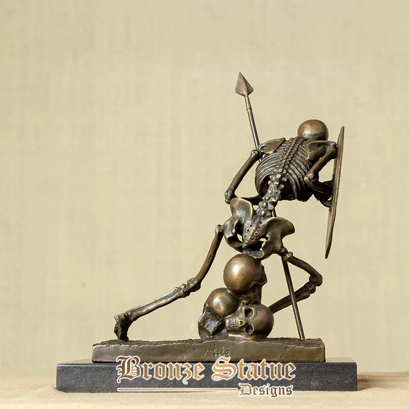 Bronze skeleton statue skeleton in battle sculpture skeleton warrior shield and spear bronze statue antique western art decor