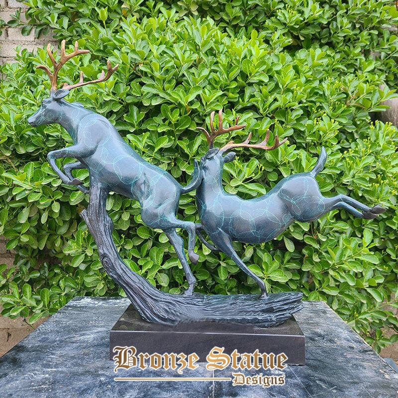 Modern art bronze deer sculpture bronze double deer statue with marble base animal statues for home office decor ornament crafts