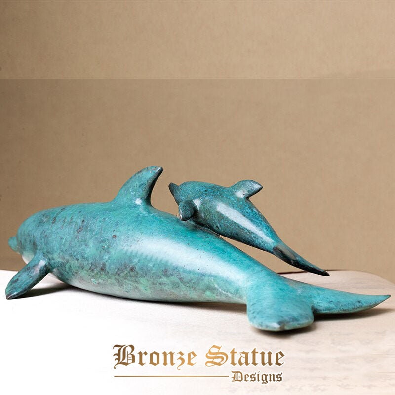 18in | 45cm | bronze dolphin statue dolphin mother and baby statue beauty blue dolphins sculptures modern art home garden decoration