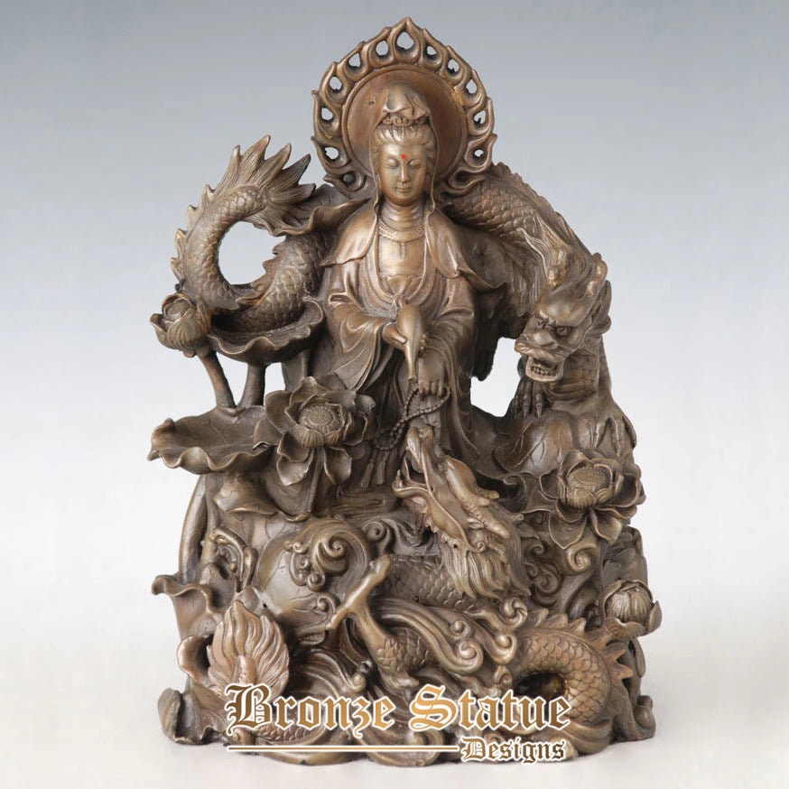 Guanyin in bronzo con doppio drago bodhisattva figura la dea della misericordia figura religiosa buddha