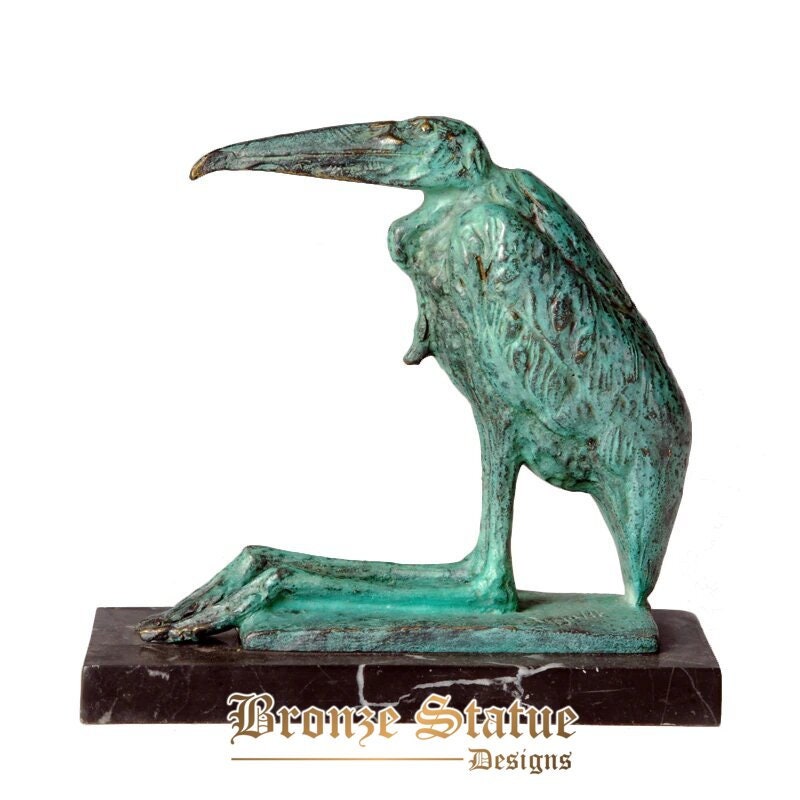 Estátua de pássaro sentado em bronze estatueta animal escultura de aves marinhas decoração de arte verde para escritório em casa