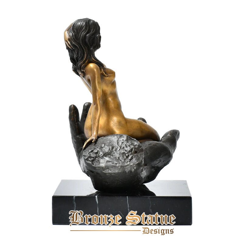 Nude woman in palm bronze sculpture erotic art sexy bare female statue naked figurine collection decoration