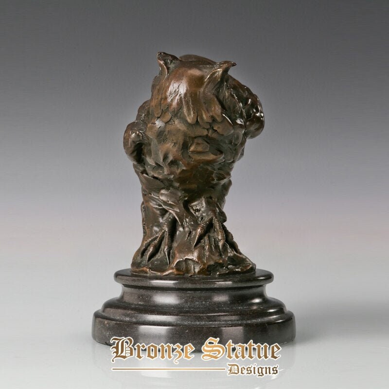 Estátua de coruja noturna de bronze animal escultura de pássaro estatueta arte base de mármore pequena decoração para casa