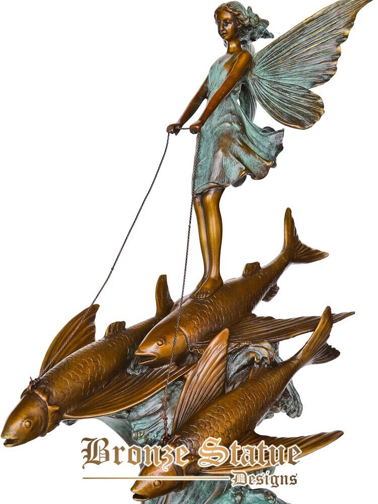 Fairy with fishes bronze sculpture faery statue figurine art classy girl room decoration birthday gifts