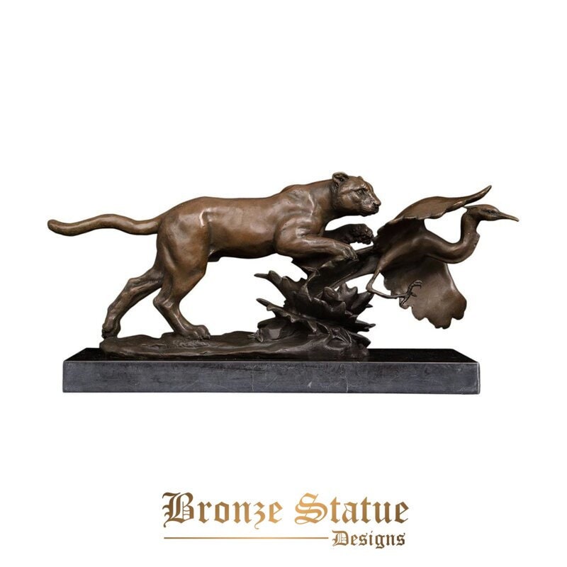 Bronze leopard hunting bird prey statue animal sculpture art hot casting wildlife panther figurines for decoration