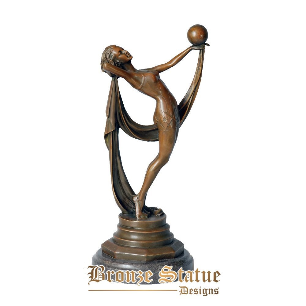 Estátua de bronze dança feminina com bola escultura base de mármore arte moderna presente de decoração de casa high-end