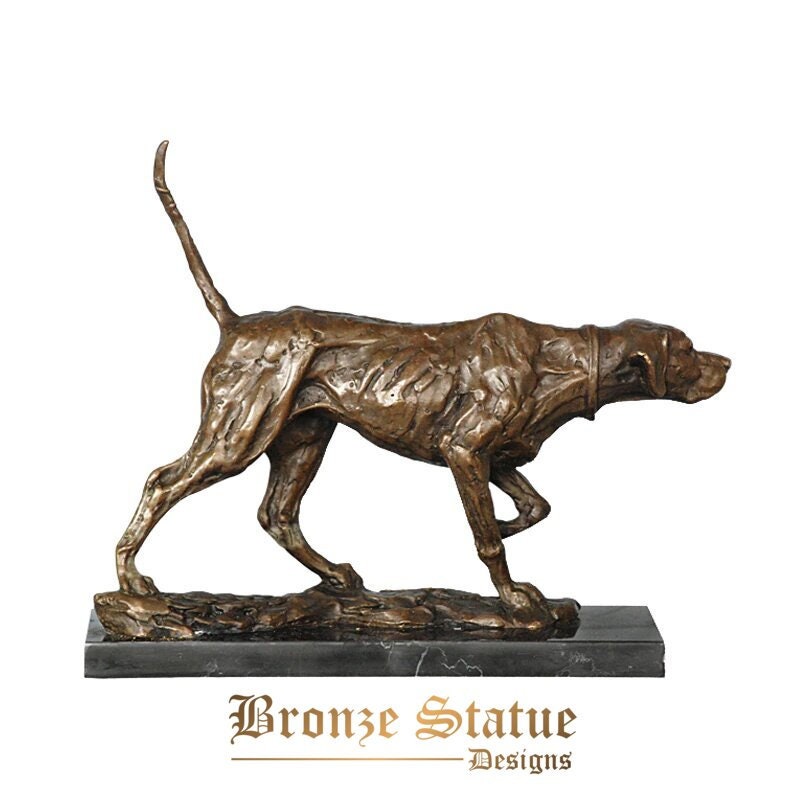 Estátua de cão caçador de bronze escultura animal arte clássica base de mármore fundido quente decoração linda