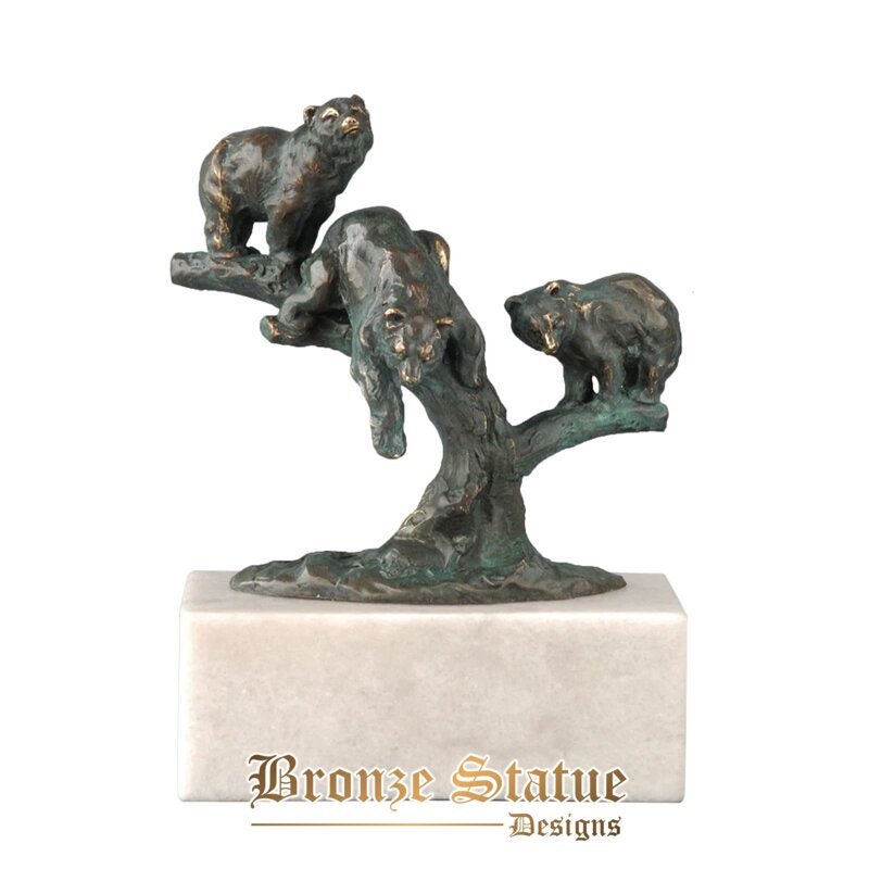 Orsetti in bronzo sulla statua dell'albero scultura in marmo bianco statuetta in rame per la fauna selvatica per l'arredamento di interni