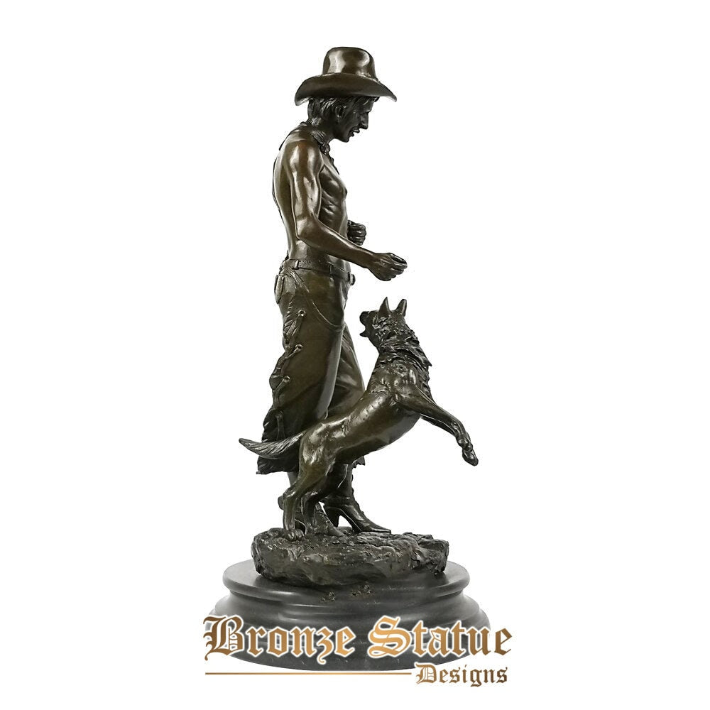Western cowboy with dog sculpture man statue hot casting bronze art figurine gallery decoration