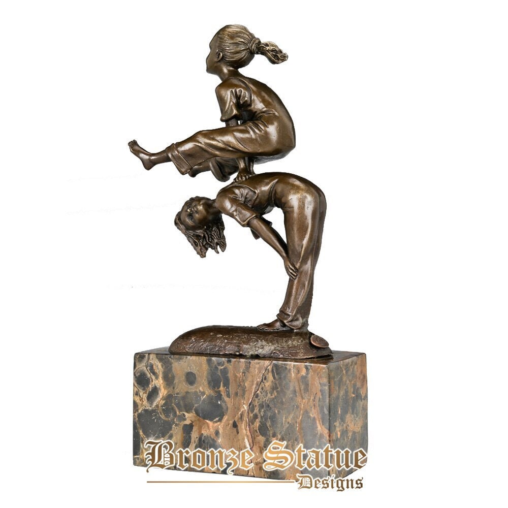 Girls playing vault bronze statue sculpture bronze sport children figurine marble base antique art for kids gifts