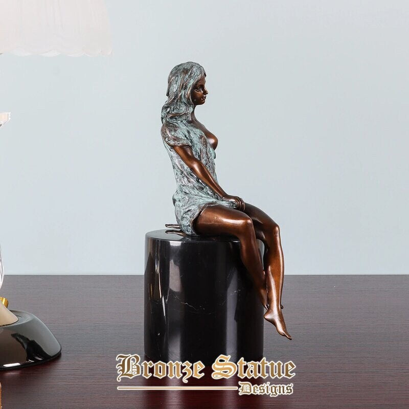 Sitting sexy bare woman bronze statue modern busty thinking female sculpture erotic art figurine collection decor