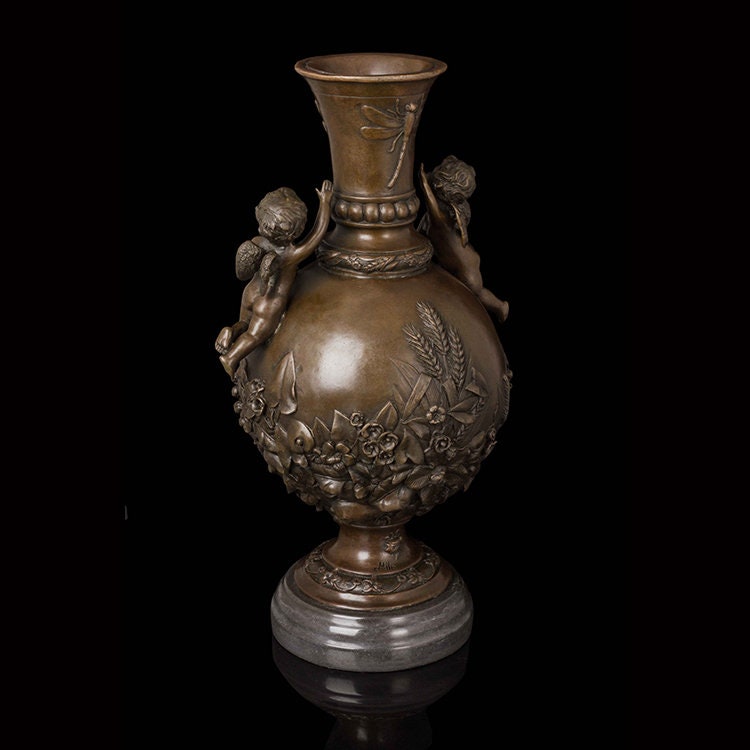 Bronze Vase with Two Angels | Vase sculpture | Bronze Angels