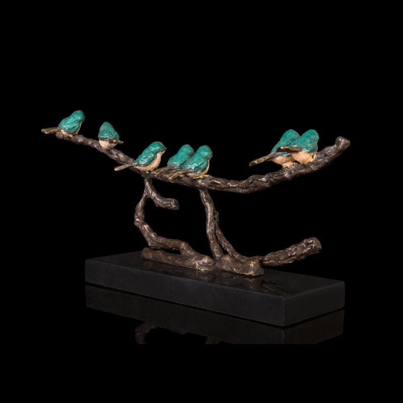 Seven Birds on a Branch | Blue Birds | Outside Decor | Bronze Sculpture