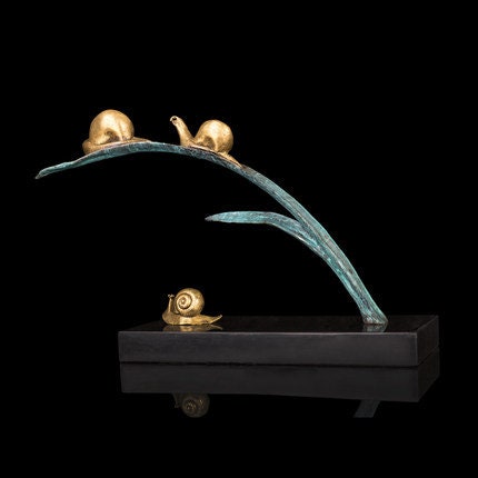 Three Snails on a Plant | Snail Bronze sculpture | Animal Statue