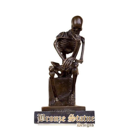 Escultura de esqueleto de bronze abstrata estátua de bronze o pensador estátuas de pensador de crânio artesanato de arte antigo decoração de escritório em casa