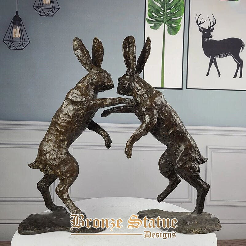 Bronze hare sculpture couple rabbits statue love animal figurine art crafts gift bronze fighting rabbit statues for home decor