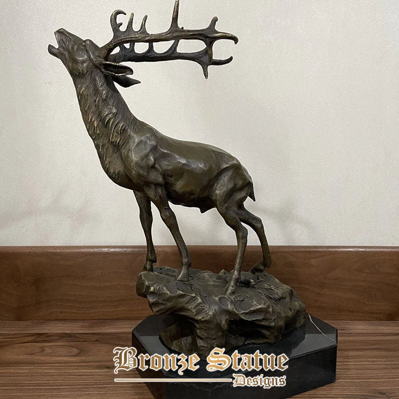 Estátua de alce elegante acabamento bronzeado | Esculturas de animais selvagens de escultura de alce de bronze com base de mármore para presentes de ornamento de decoração para casa