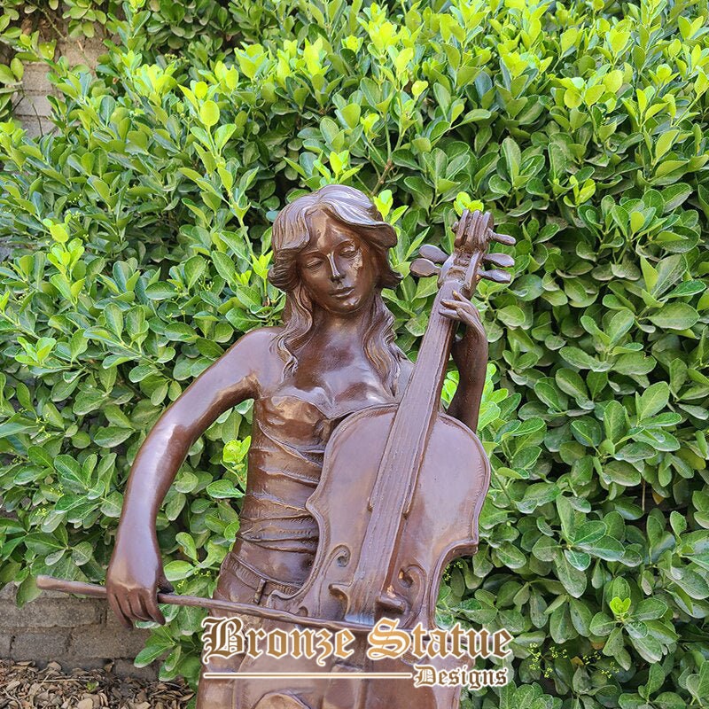 Grande escultura de bronze estátuas de arte feminina música violoncelo escultura de bronze com base de mármore decoração para casa coletar artesanato