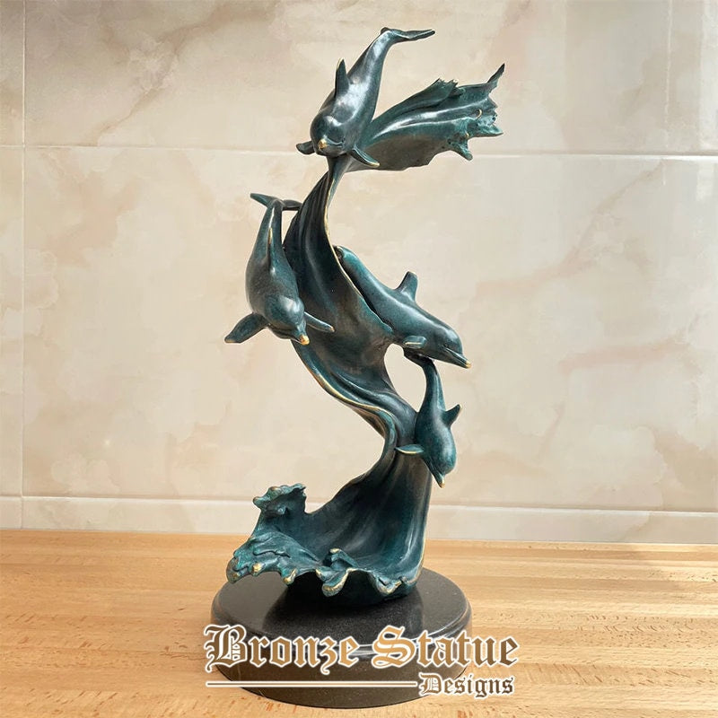 18in | 45cm | bronze dolphin sculpture bronze leaping dolphins statue of art crafts with marble base for home decoration ornament
