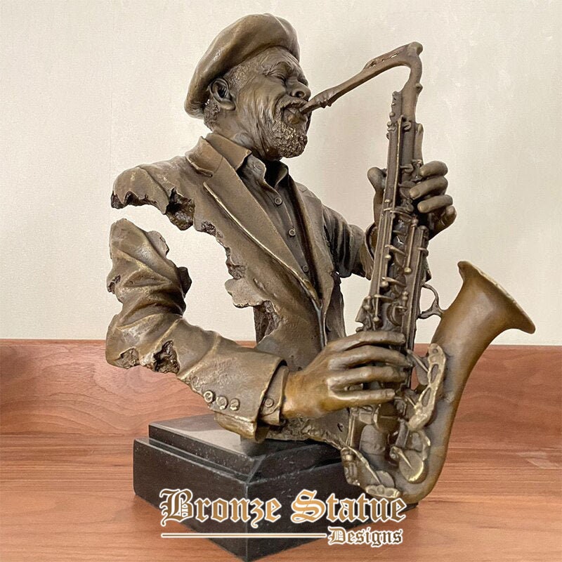 Saxophone player bronze sculpture male busts bronze statues bust of a black musician playing the saxophone crafts for home decor