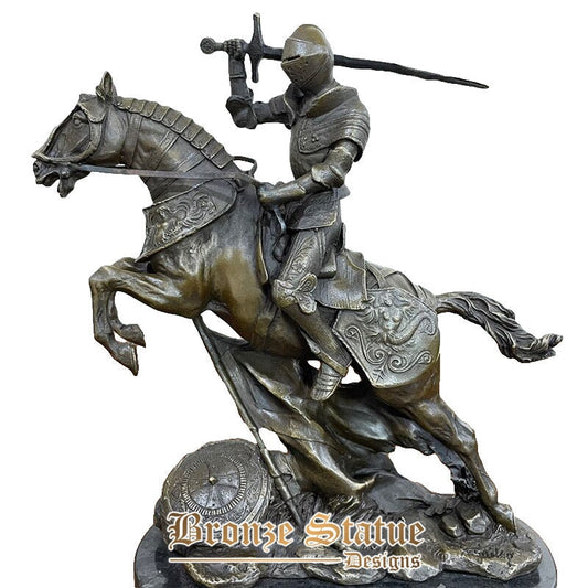 Escultura de guerreiro de bronze estátua de cavaleiro de bronze medieval ocidental artesanato de arte vintage com base de mármore para ornamento de decoração de casa