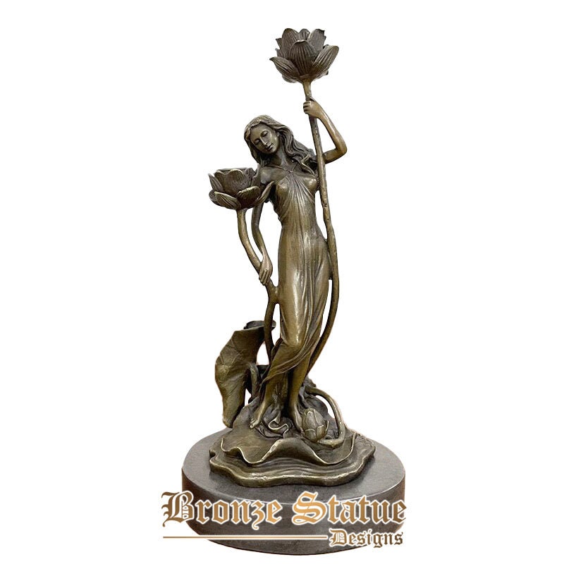 13in | 34cm | Estátua de bronze de escultura feminina ocidental de menina bonita com flores estatueta de fundição de artesanato para decoração de casa