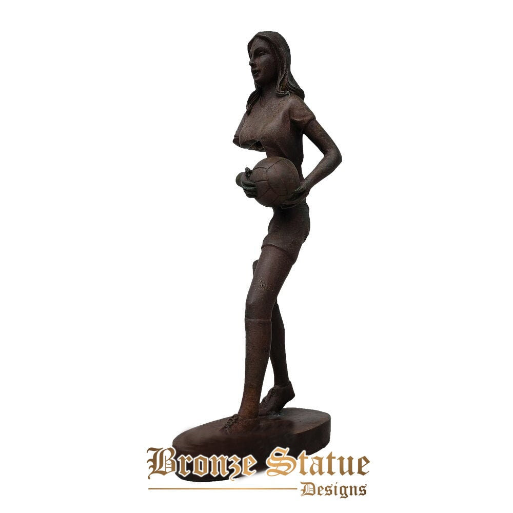 14in | 35cm | abstract football woman statue antique bronze sculpture female sports figurine art crafts home decor collect ornament