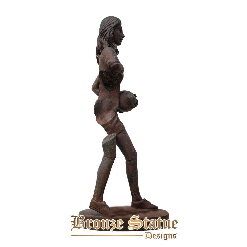 14in | 35cm | abstract football woman statue antique bronze sculpture female sports figurine art crafts home decor collect ornament