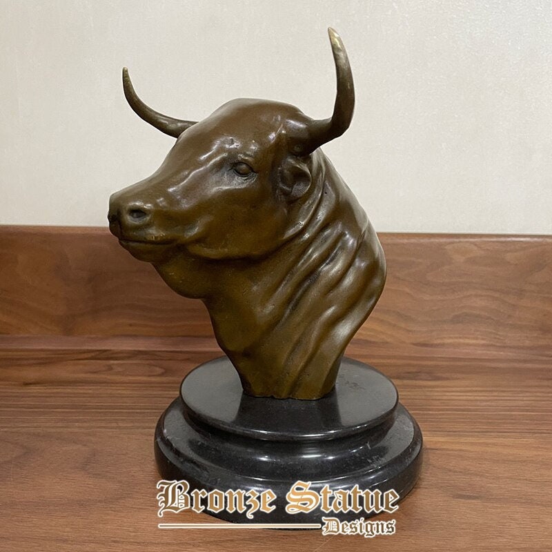 Pure bronze bull head statue on marble base bronze bull bust sculpture vintage bull ox head bust statue western art decoration