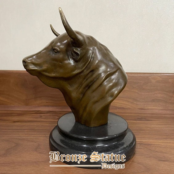 Pure bronze bull head statue on marble base bronze bull bust sculpture vintage bull ox head bust statue western art decoration