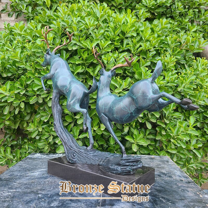 Modern art bronze deer sculpture bronze double deer statue with marble base animal statues for home office decor ornament crafts