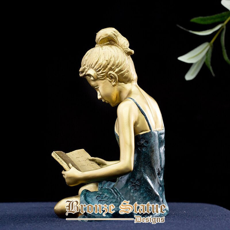 Mädchen, das sitzt und ein Buch liest, Bronzestatue aus Bronze, sitzendes Mädchen, das Buch liest, Skulptur für Heimdekoration, Desktop-Ornamente