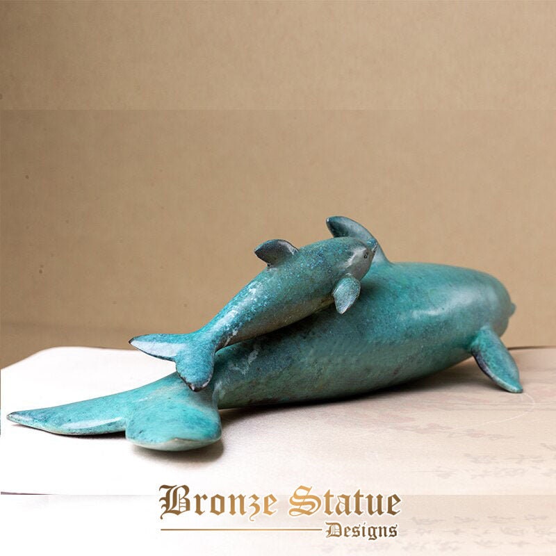 18 polegadas | 45cm | Estátua de golfinho de bronze estátua de golfinho mãe e bebê beleza golfinhos azuis esculturas arte moderna decoração de jardim em casa