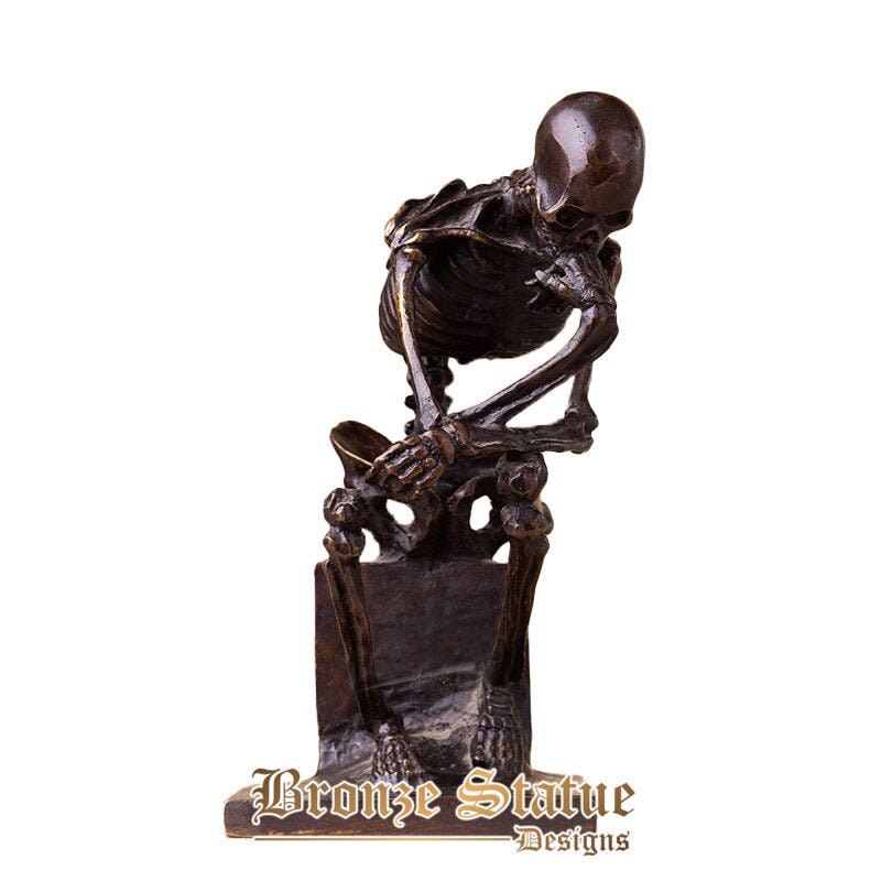 9in | 23cm | Escultura de esqueleto de bronze abstrato bronze o pensador estátua estátuas de pensador de crânio artesanato de arte antigo decoração de escritório em casa