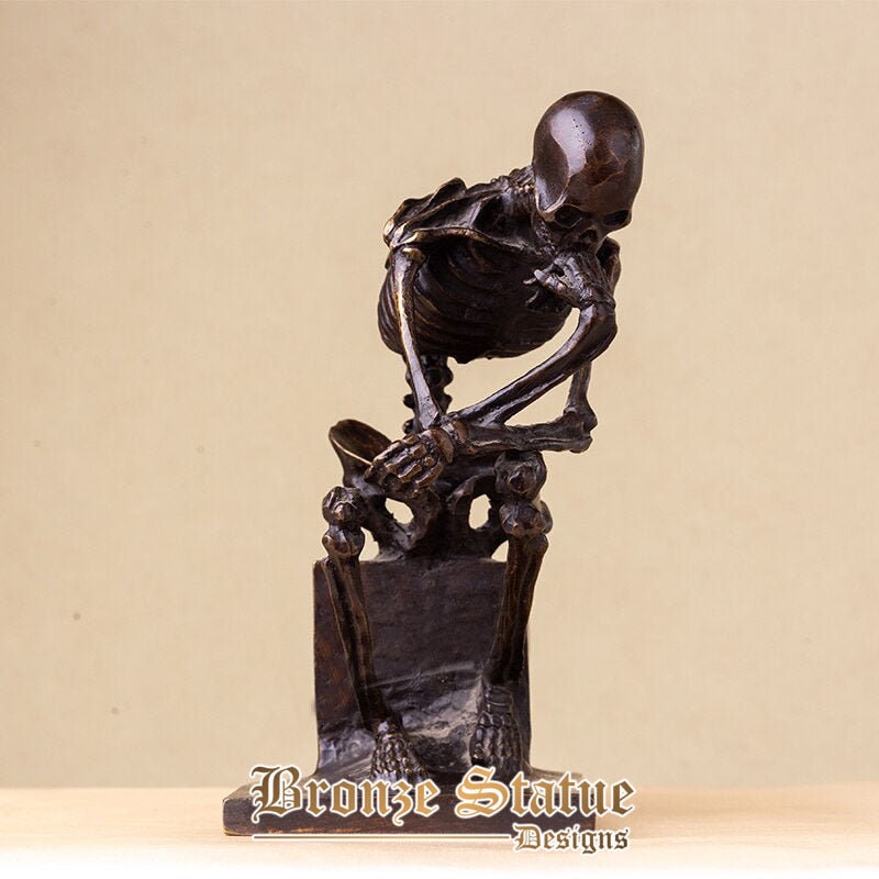 9in | 23cm | Escultura de esqueleto de bronze abstrato bronze o pensador estátua estátuas de pensador de crânio artesanato de arte antigo decoração de escritório em casa