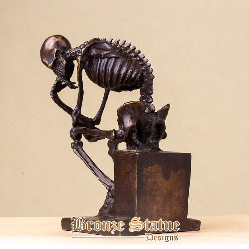9in | 23 cm | Bronzo scheletro scultura astratta bronzo il pensatore statua teschio pensatore statue arte antica artigianato home office decora