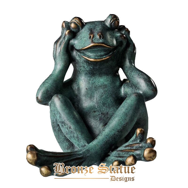 No hear frog statue sculpture hot cast bronze feng shui animal figurine small greenish modern art
