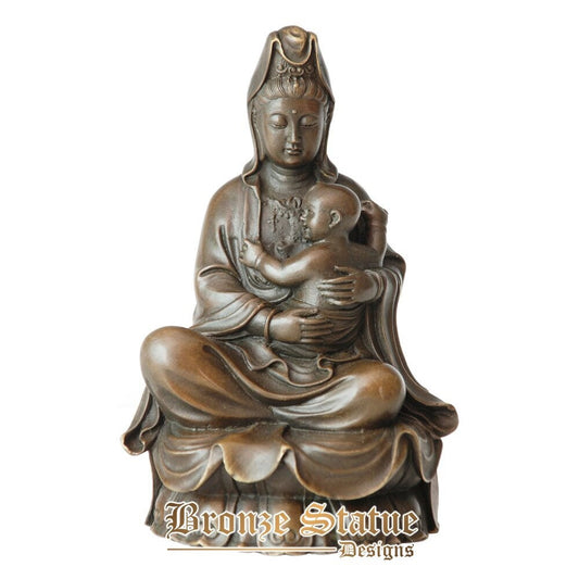 Medium buddha statue pure bronze guan yin sending a child figurine chinese goddess guanyin sculpture