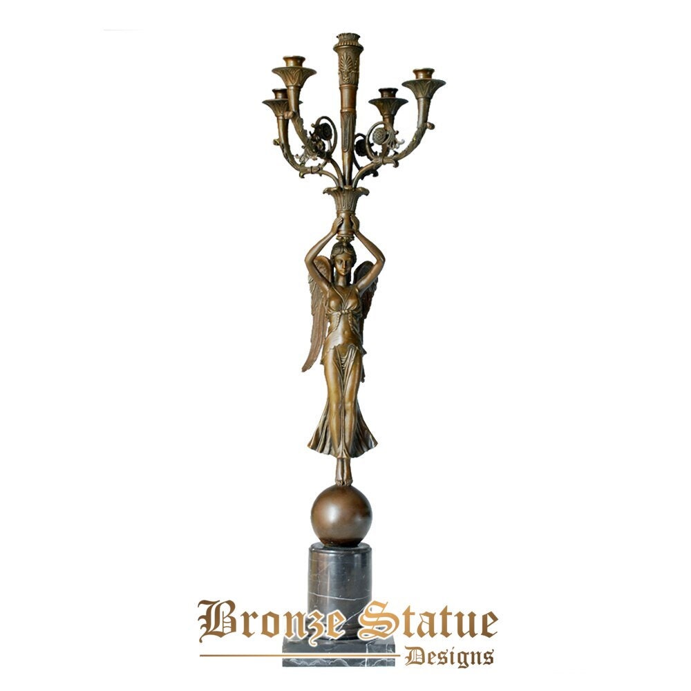 Castiçal de bronze anjo castiçal com 5 suportes estátua escultura arte antiga decoração de casa elegante grande