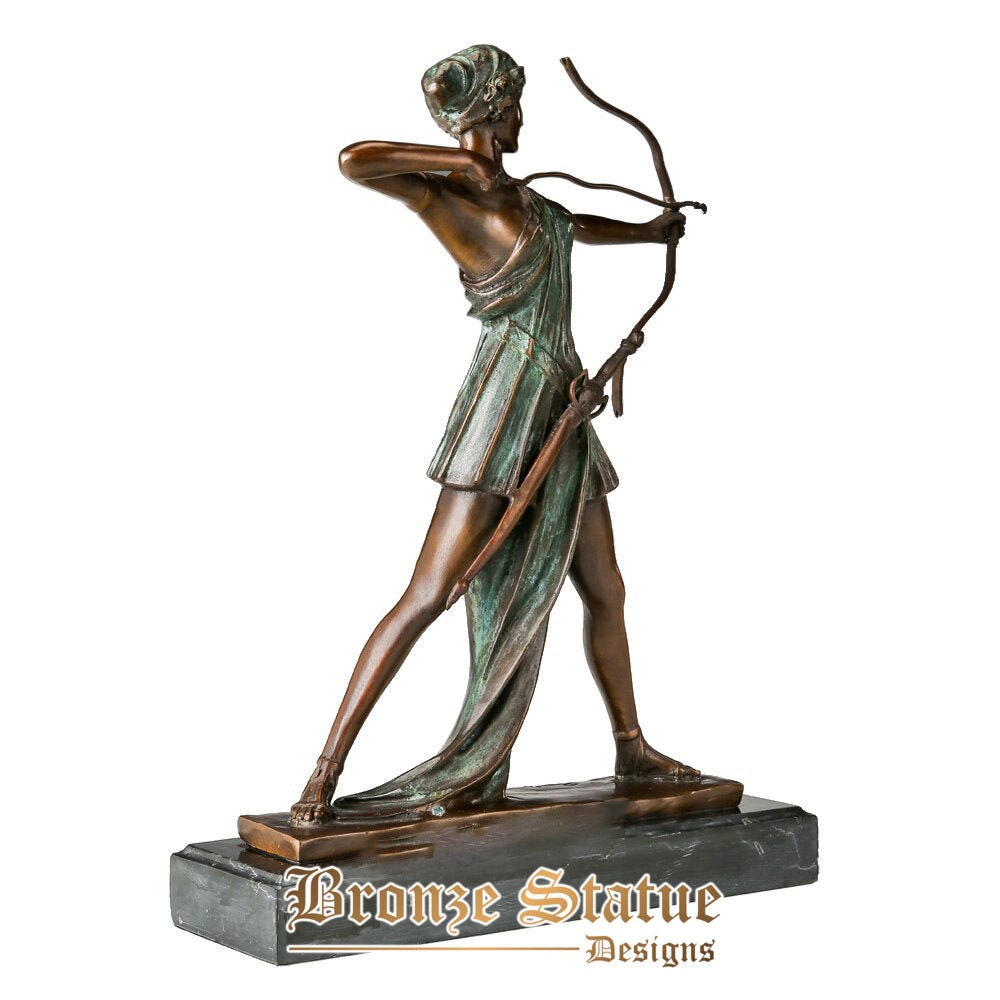 Playing bow and arrow woman bronze statue vintage warrior sculpture brass female figurine home decor antique art