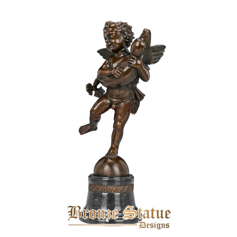 Little cupid with dolphin bronze statue figurine greek myth love god eros sculpture antique art anniversary gift home decor