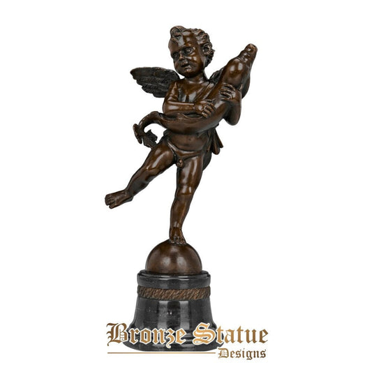 Little cupid with dolphin bronze statue figurine greek myth love god eros sculpture antique art anniversary gift home decor