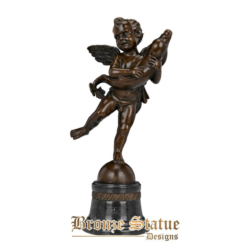 Little cupid with dolphin bronze statue figurine greek myth love god eros sculpture antique art anniversary gift home decor