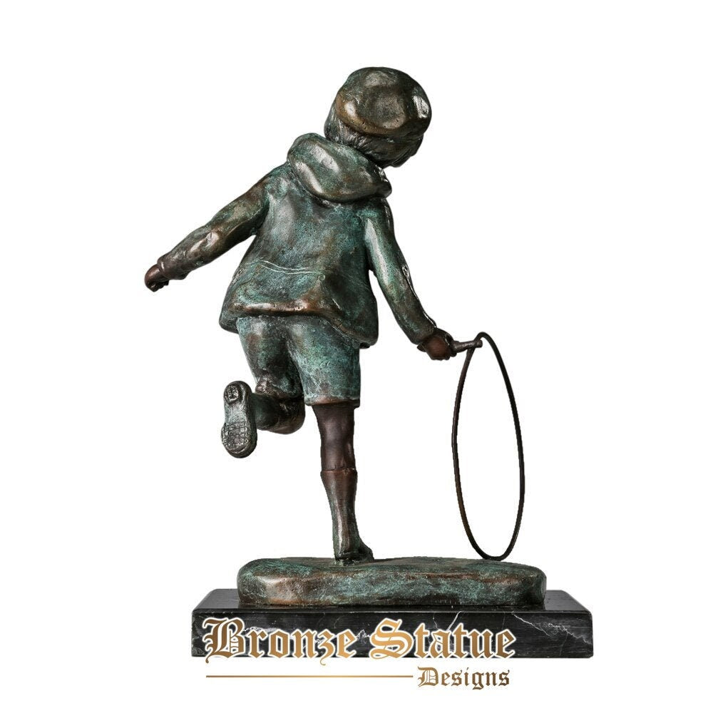 Modern girl playing hoop sculpture child brass statue bronze & green vintage kid figurine artwork children room decor gifts