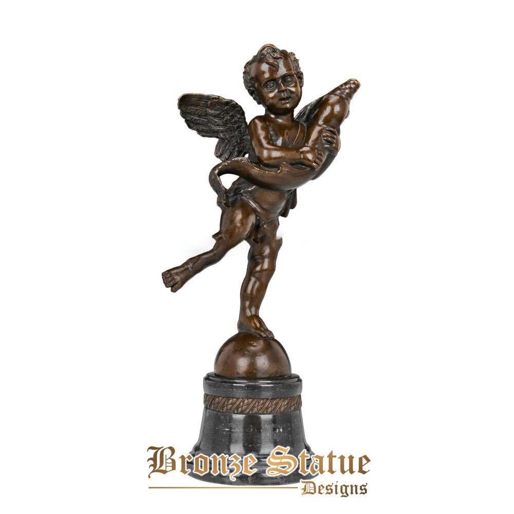 Little cupid with dolphin bronze statue figurine greek myth love god eros sculpture antique art anniversary gift home decor