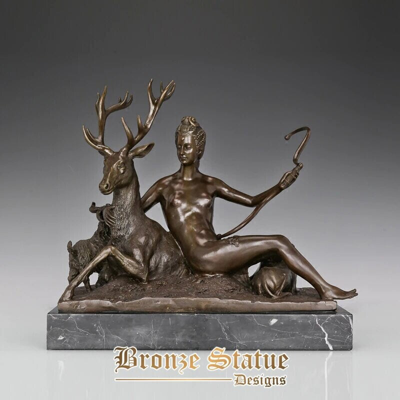Arte da escultura da deusa da caça grega diana artemis com estátua de veado fundição quente bronze bronze presentes de decoração para casa