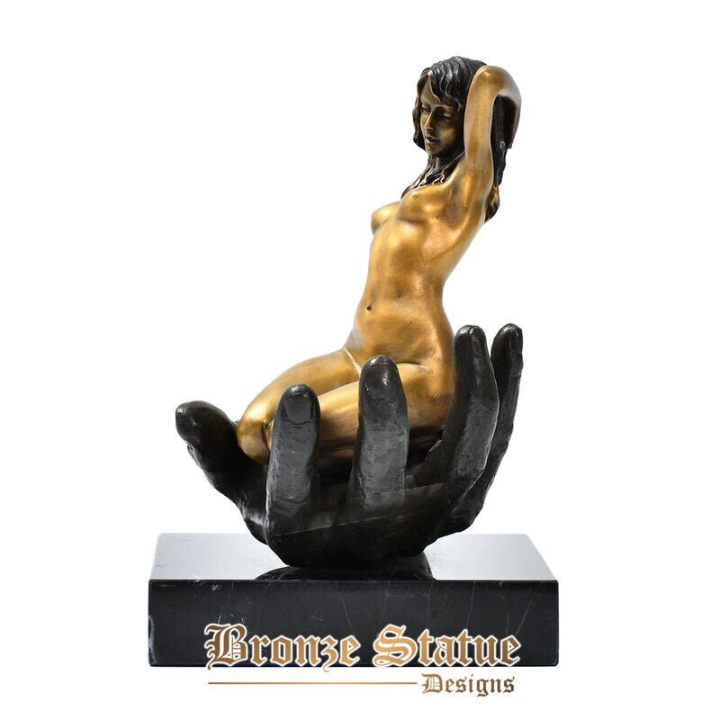 Nude woman in palm bronze sculpture erotic art sexy bare female statue naked figurine collection decoration