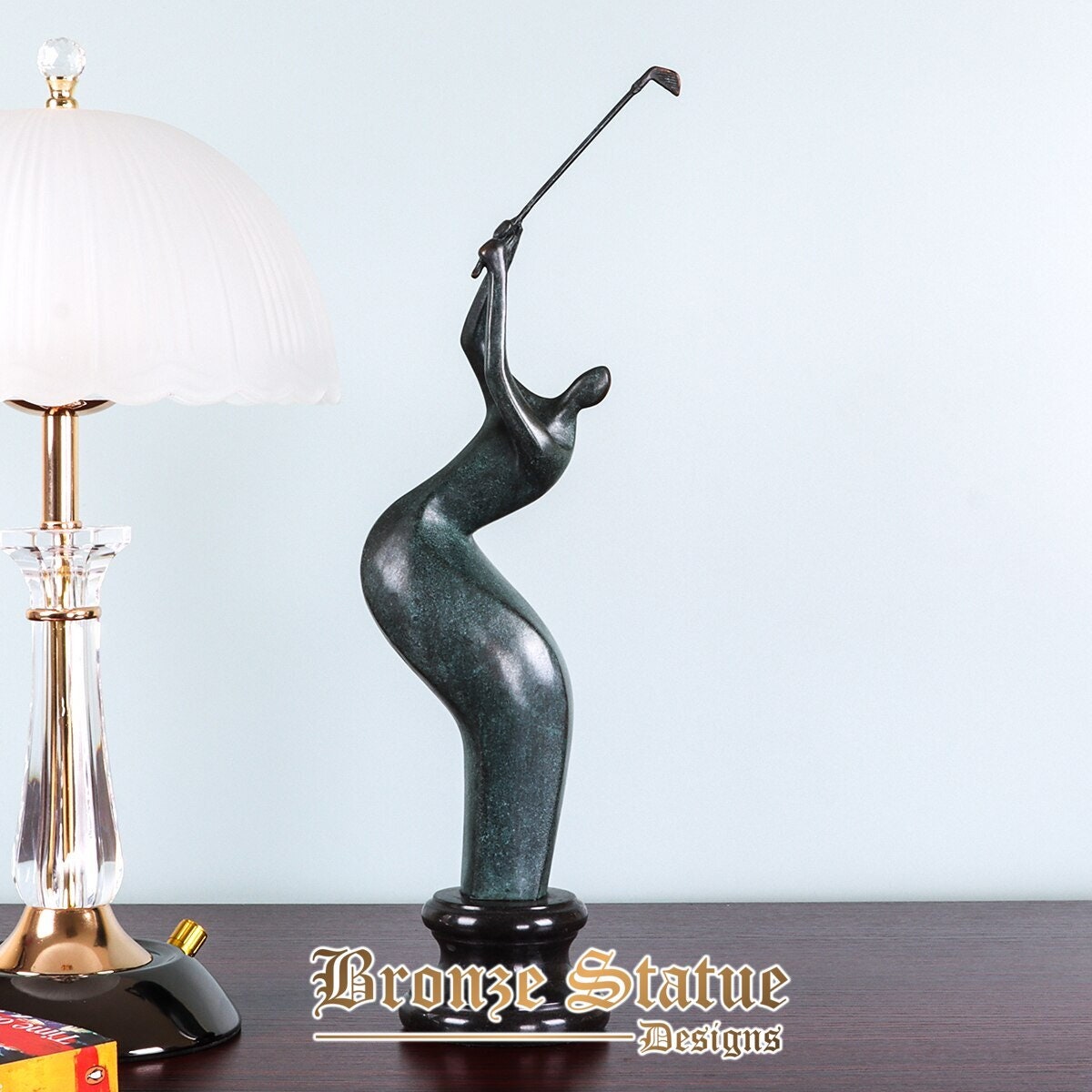 Bronze sculpture abstract golfer statue modern sport figurine art dark green office table decor gift